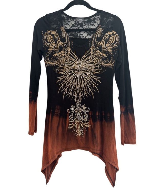 Vocal Tops - Vocal Apparel Y2K Gothic Rhinestone Tunic Top - Ombre Tie Dye Sharkbite Hem - M
